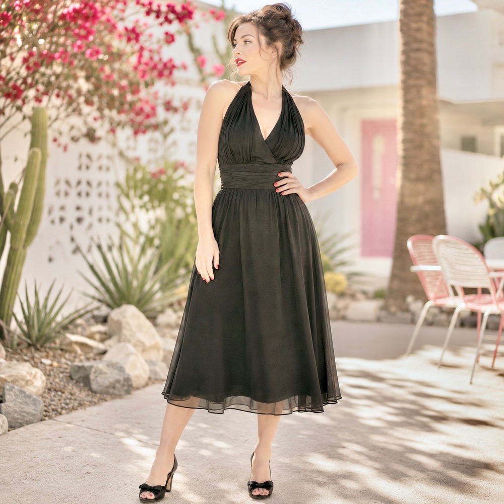 WHBM 100% Silk Halter Midi Dress Black Chiffon Old Hollywood Retro Pinup 6 EUC